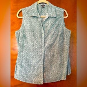 Eddie Bauer Green Patterned Wrinkle-free Button Down Sleeveless Shirt, Size L